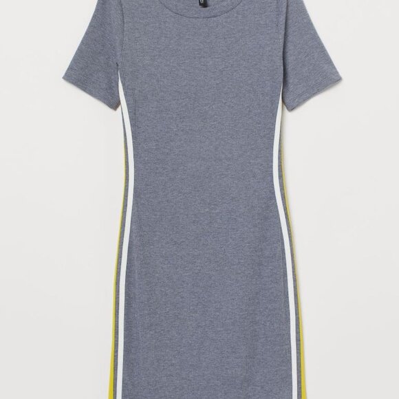 Grey T-Shirt Dress w/ Yellow/White Stripe on Side - Picture 1 of 7